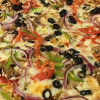 Vegetarian Pizza · Extra cheese, mushrooms, onions, green pepper, olives, tomatoes.
