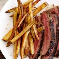 Chefs Featured Steak · organic baby spinach, calabrian chili butter, salt & pepper crush french fries and kalamata ...