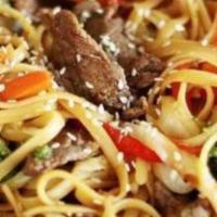 Beef Yakisoba · Japanese stir fry noodles with beef and veggies. Served with soup  or salad.