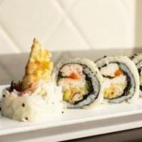 Spider Roll · Inside: crispy soft shell crab, tempura with crab meat, avocado, radish sprouts, cucumber, w...