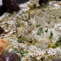 Mint Labneh & Feta · Mint labneh, Feta cheese, Kalamata olives, XVOO, Parsley, Zaatar, Greek pita