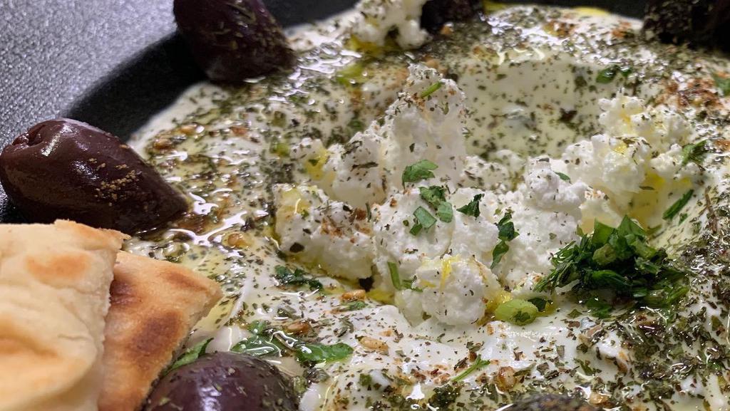 Mint Labneh & Feta · Mint labneh, Feta cheese, Kalamata olives, XVOO, Parsley, Zaatar, Greek pita