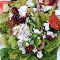 Greek Salad · Romaine Lettuce, Cherry Tomato, Persian Cucumber, Pimientos, Red Onion, Kalamata Olives,
Fet...