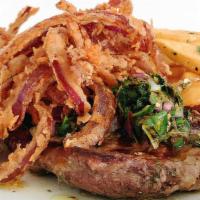 New York Steak & Fries · Grilled Choice New York Steak, Chimichurri, Fried Onions, Garlic-Herbed Steak Fries