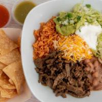 Burrito Bowl · Choose one protein, (steak, chicken, carnitas, al pastor or grilled veggies) cheese, rice, b...
