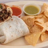 Burrito Box · Choose your protein (steak, chicken, carnitas, al pastor or grilled veggies) rice, beans in ...