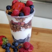 Very Berry Fruit Parfit · HOUSE GRANOLA, VANILLA YOGURT, FRESH BLUEBERRIES,& STRAWBERRIES