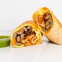 Bacon, Sausage, Egg & Cheddar Breakfast Burrito · 3 fresh cracked, cage-free scrambled eggs, melted Cheddar cheese, smokey bacon, pork sausage...