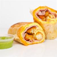 Ham, Egg, & Cheese Breakfast Burrito · 3 fresh cracked, cage-free scrambled eggs, melted cheese, sliced ham, and crispy potato tots...
