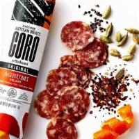 Coro Uncured Agrumi Salami · Agrumi is fragrant and colorful with cardamom, orange peel, and red chili flakes. Uncured!