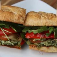 Chicken Pesto Sandwich · Grilled chicken breast, provolone, organic basil pesto sauce, mayo, roasted red peppers, rom...