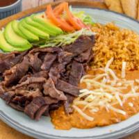Carne Asada Plate · Served with rice, beans, lettuce, guacamole, tomato, corn or flour tortillas.