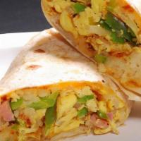 Breakfast Burrito With Ham · Eggs, rice, beans and spicy red salsa