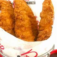 Chicken Tenders · Ruby's favorite. Crispy, all white meat chicken strips served with BBQ, ranch and honey must...
