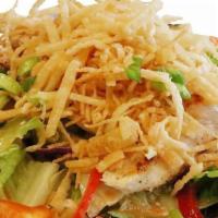 Chinese Chicken Salad · Fresh salad mix, celery, green onions, red bell peppers, red cabbage, and crisp wonton strip...