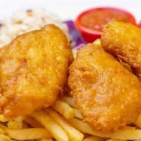 Fish & Chips · Batter-dipped, golden fried, flaky Atlantic cod fillets. Served with coleslaw, fries, cockta...