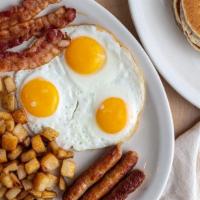 The Triple Mega Breakfast · 3 eggs* served with choice of 3 strips of Applewood-smoked bacon, 3 Johnsonville® sausage li...