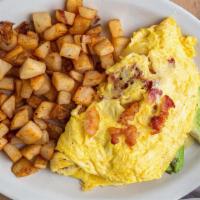 California Omelette · Fresh avocado, melted pepper jack cheese and Applewood-smoked bacon. Served with breakfast p...