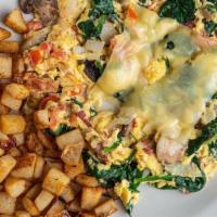 Pacific Scramble · Fresh spinach, Applewood-smoked bacon, tomatoes, onions, sautéed mushrooms and melted Swiss ...