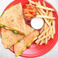 Chicken Quesadilla · Grilled chicken, melted cheddar and pepper. jack cheese served with pico de gallo,. guacamol...