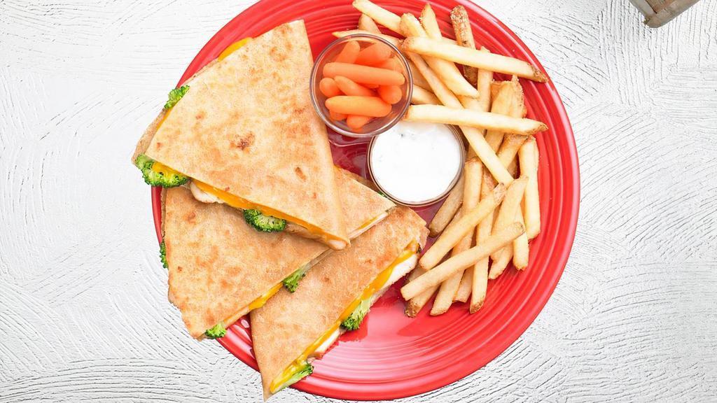 Chicken Quesadilla · Grilled chicken, melted cheddar and pepper. jack cheese served with pico de gallo,. guacamole and sour cream.