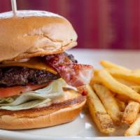 Bacon Cheddar Burger · Applewood-smoked bacon, melted cheddar cheese, lettuce, tomatoes, red onions, pickles and Co...