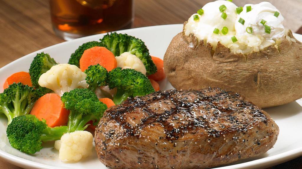 Sirloin Steak · Tender, seasoned 4oz. Petite USDA Sirloin Steak* paired with choice of 2 sides.