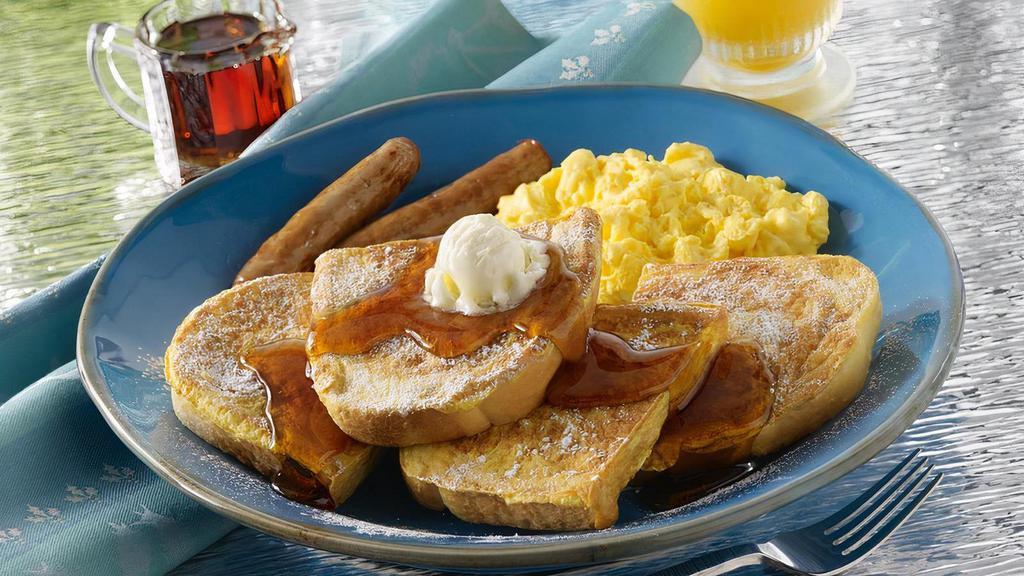 55 Brioche French Toast Combo · Rich brioche bread makes our French toast light, fluffy and decadent dipped in our creamy French toast batter and grilled to perfection. Served with Applewood-smoked bacon or sausage, and two farm-fresh eggs*. Includes syrup.