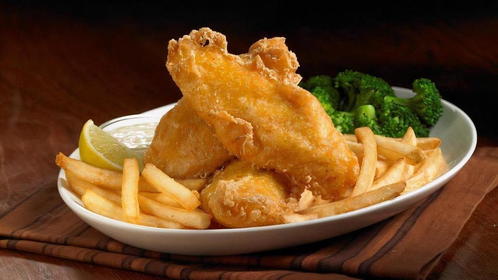 Beer-Battered Fish N' Chips · Tender cod fillets dipped in thick beer batter and fried to a delicious golden brown. Served with crispy French fries, coleslaw and tartar sauce.