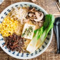Veggie Miso Ramen · Wood Ear mushroom, Cremini mushroom, Baby bok choy, Corn, Furikake