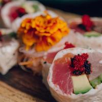Sashimi Roll · Tuna, salmon, albacore, i. Crab, asparagus, sprout, avocado, and tobiko. (soy paper wrap).