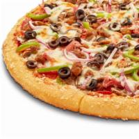 The Works Pizza (Deep Dish) · Pepperoni, Ham, Italian Sausage, Ground Beef, Mushrooms, Red Onions, Green Peppers, Black Ol...