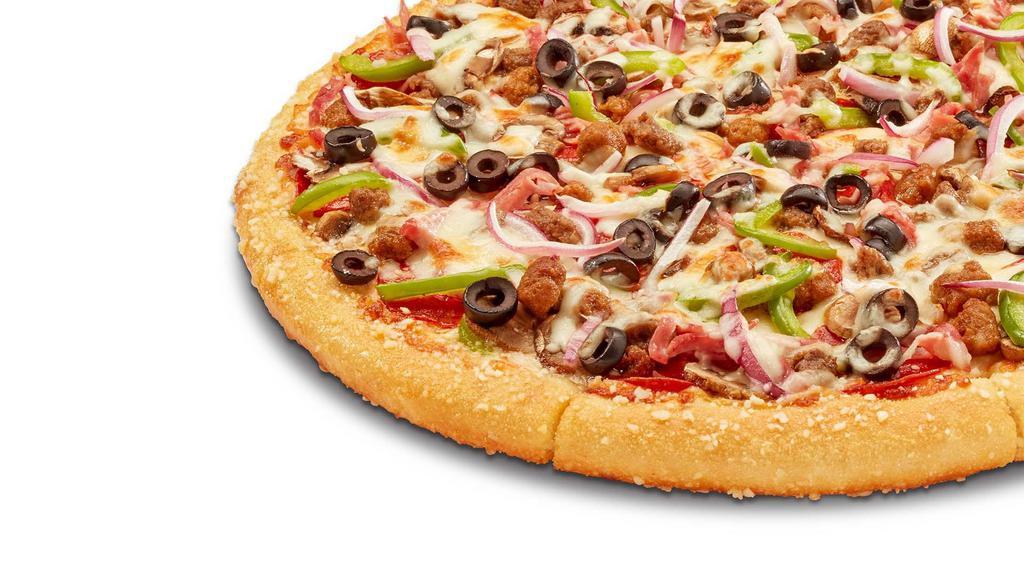 The Works · Pepperoni, ham, Italian sausage, ground beef, mushrooms, red onions, green peppers, black olives, mozzarella. 210- 440 calories per slice.