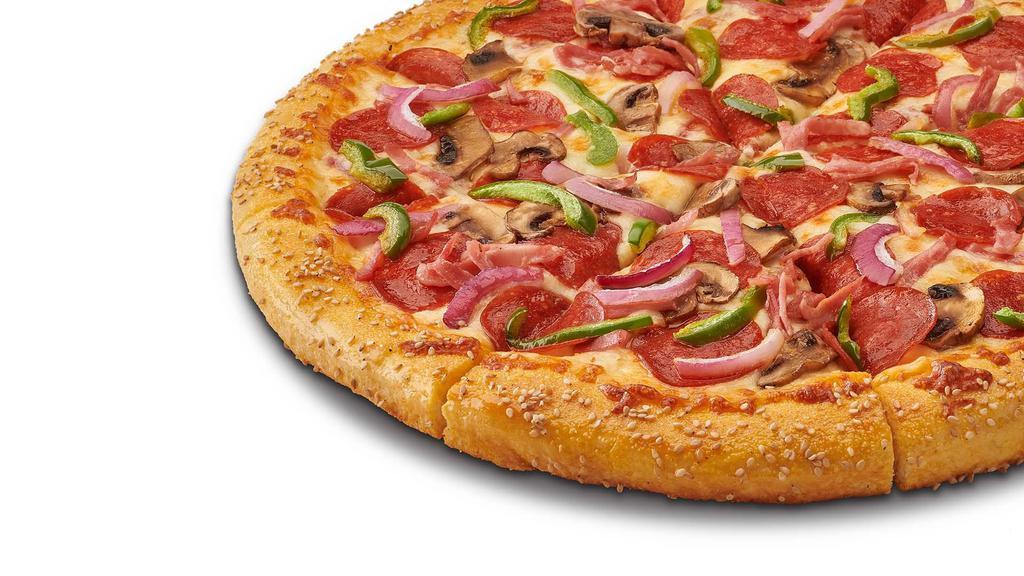 Howie Special · Pepperoni, ham, mushrooms, red onions, green peppers, mozzarella. 180 - 390 calories per slice.