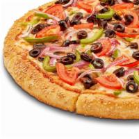 Veggie Pizza (Large) · Mushrooms, Red Onions, Green Peppers, Tomatoes, Black Olives, Mozzarella Cheese.