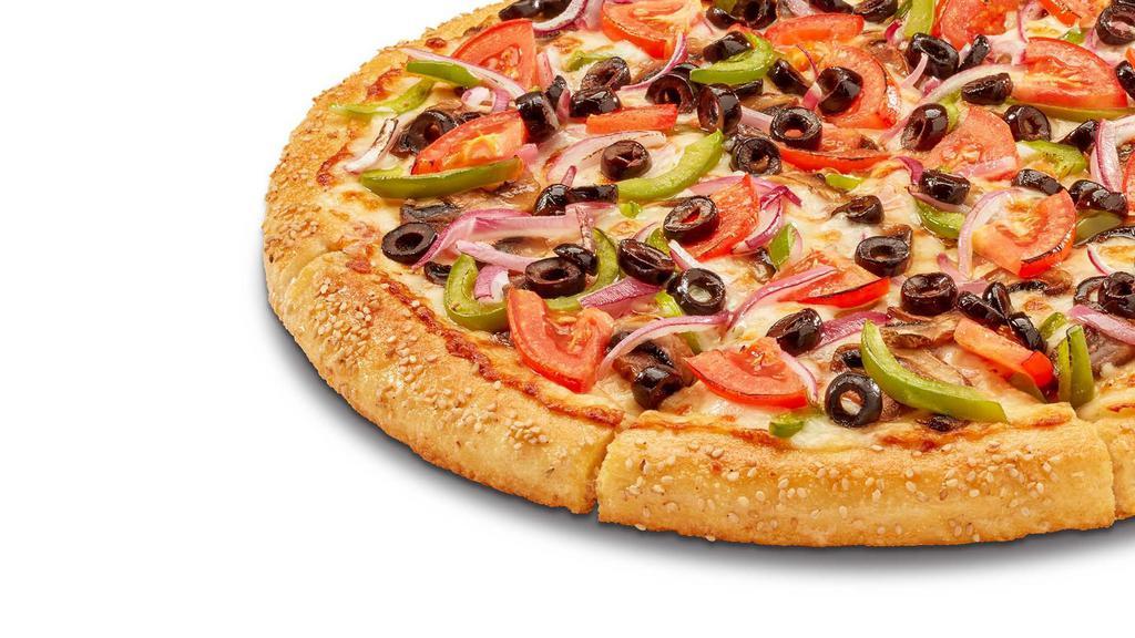 Veggie Pizza (Deep Dish) · Mushrooms, Red Onions, Green Peppers, Tomatoes, Black Olives, Mozzarella Cheese.