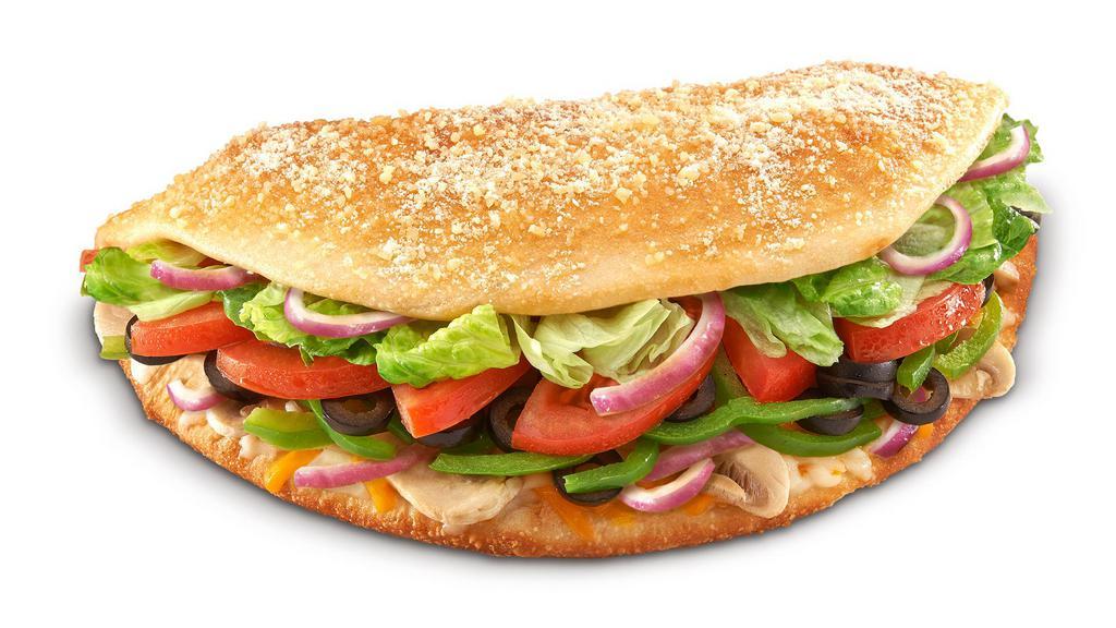 Veggie Sub · Mushrooms, Red Onions, Green Peppers, Tomatoes, Black Olives, Cheddar and Mozzarella Cheese, side of Sub Sauce.