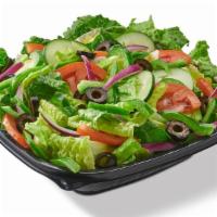 Garden Salad · Tomatoes, Red Onions, Green Peppers, Cucumbers, Black Olives, Croutons.