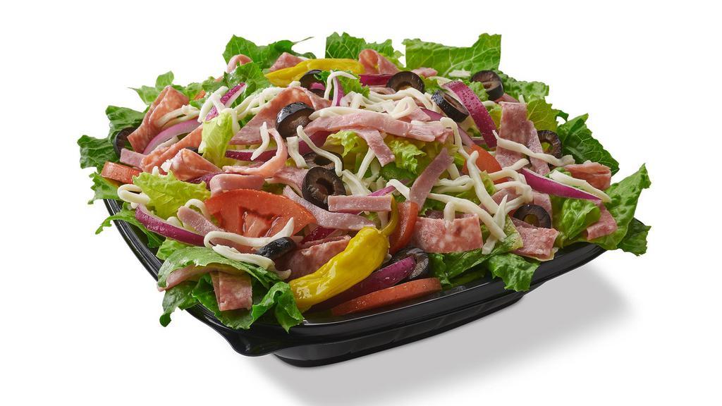 Party Antipasto · Ham, salami, mozzarella, tomato, red onion, black olive & pepperoncini peppers over lettuce mix. Dressing on side.