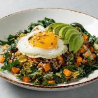 Sunny Side Breakfast Bowl · organic sunny-side egg, avocado, caramelized onion, roasted Brussels sprouts and sweet potat...