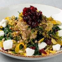Grain Bowl · warm farro, massaged kale, roasted delicata squash, honey walnuts and Brussels sprouts, goat...