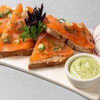 Smoked Salmon Tartine · organic butter, scallion, dill, and a side of herb aioli