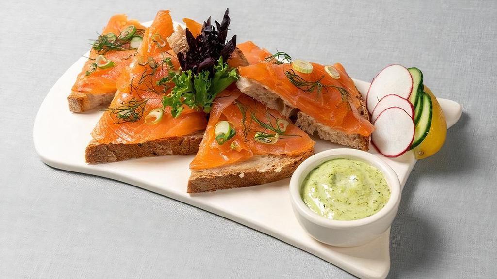 Smoked Salmon Tartine · organic butter, scallion, dill, and a side of herb aioli