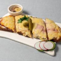 Croque Monsieur · toasted ham and Gruyère tartine with bechamel sauce and a trio of mustard