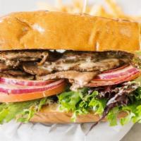 Steak Sandwich · Sliced tri-tip, melted white cheddar cheese, mixed greens, tomatoes, onions, and mayo, serve...