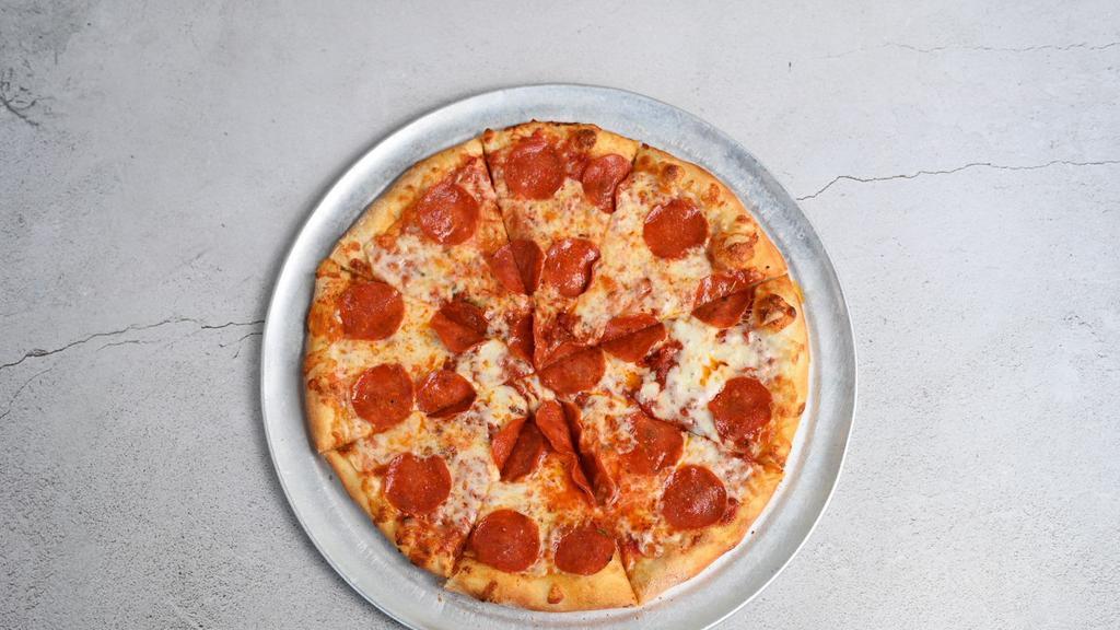Pepperoni · Traditional naples-style thin crust pizza with mozzarella and pepperoni.