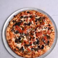 Vegetarian Pizza · Pizza sauce, mozzarella, peppers, onions, mushrooms, olives, and tomatoes.