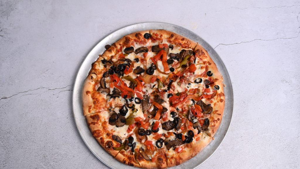 Vegetarian Pizza · Pizza sauce, mozzarella, peppers, onions, mushrooms, olives, and tomatoes.