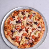 Mediterranean Pizza · artichoke hearts, red onions, kalamata olives, tomatos, feta cheese, mozzarella top with ore...