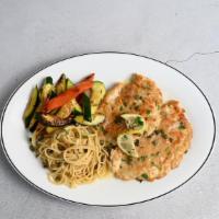 Chicken Piccata · Chicken breast, sautéed in lemon, butter, white wine, and capers with vegetables and spaghet...